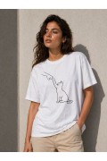 Kadın Minimal Kedi Çizim Baskılı Tişört Kısa Kol Yazlık T-Shirt - Beyaz