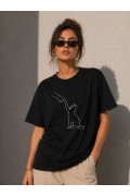 Kadın Minimal Kedi Çizim Baskılı Tişört Kısa Kol Yazlık T-Shirt - Siyah