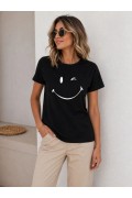 Kadın Minimal Gülümseyen Yüz Baskılı Tişört Kısa Kol Yazlık T-Shirt - Siyah