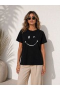 Kadın Minimal Gülümseyen Yüz Baskılı Tişört Kısa Kol Yazlık T-Shirt - Siyah