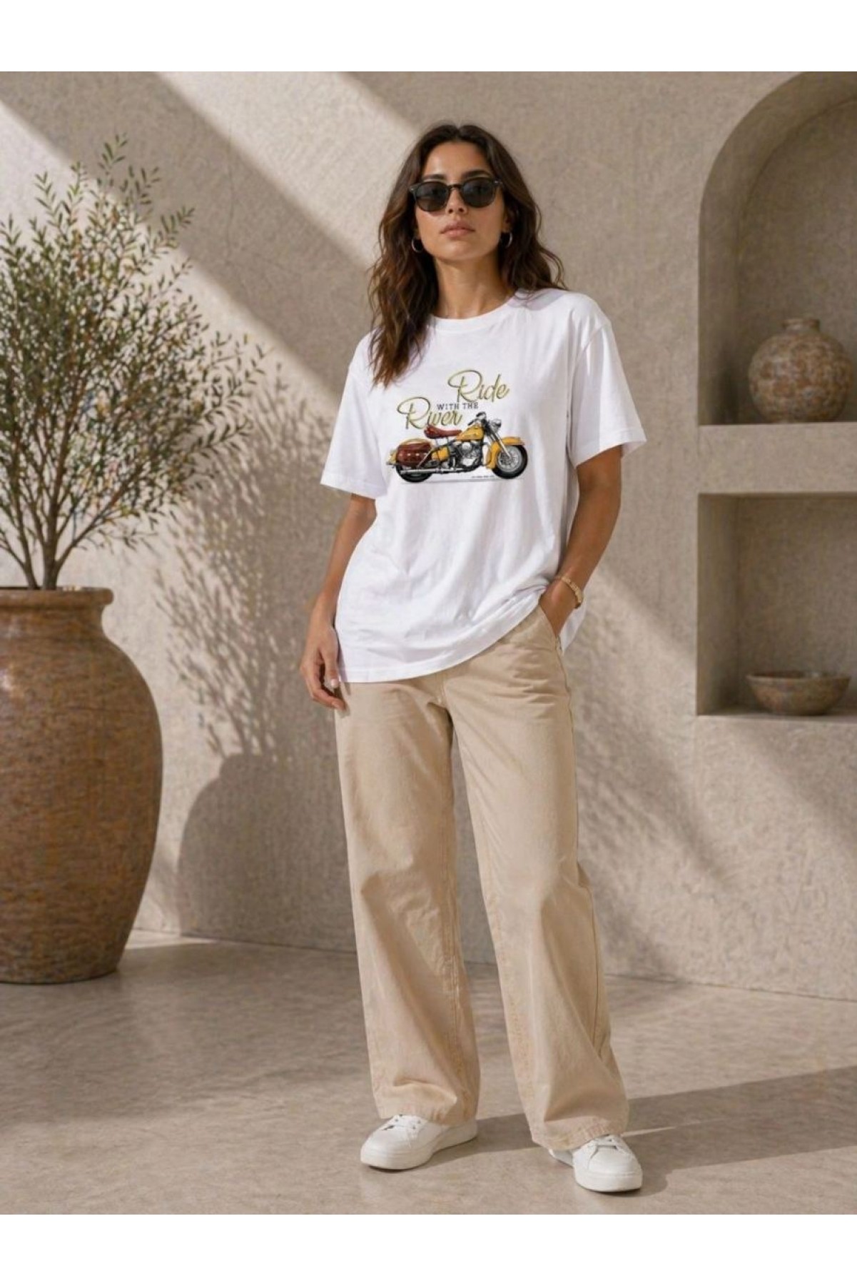 Kadın Motosiklet Baskılı Tişört Bisiklet Yaka Kısa Kol Yazlık T-Shirt - Beyaz