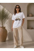 Kadın Motosiklet Baskılı Tişört Bisiklet Yaka Kısa Kol Yazlık T-Shirt - Beyaz