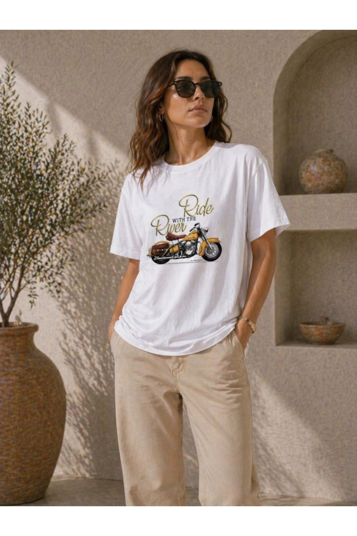 Kadın Motosiklet Baskılı Tişört Bisiklet Yaka Kısa Kol Yazlık T-Shirt - Beyaz