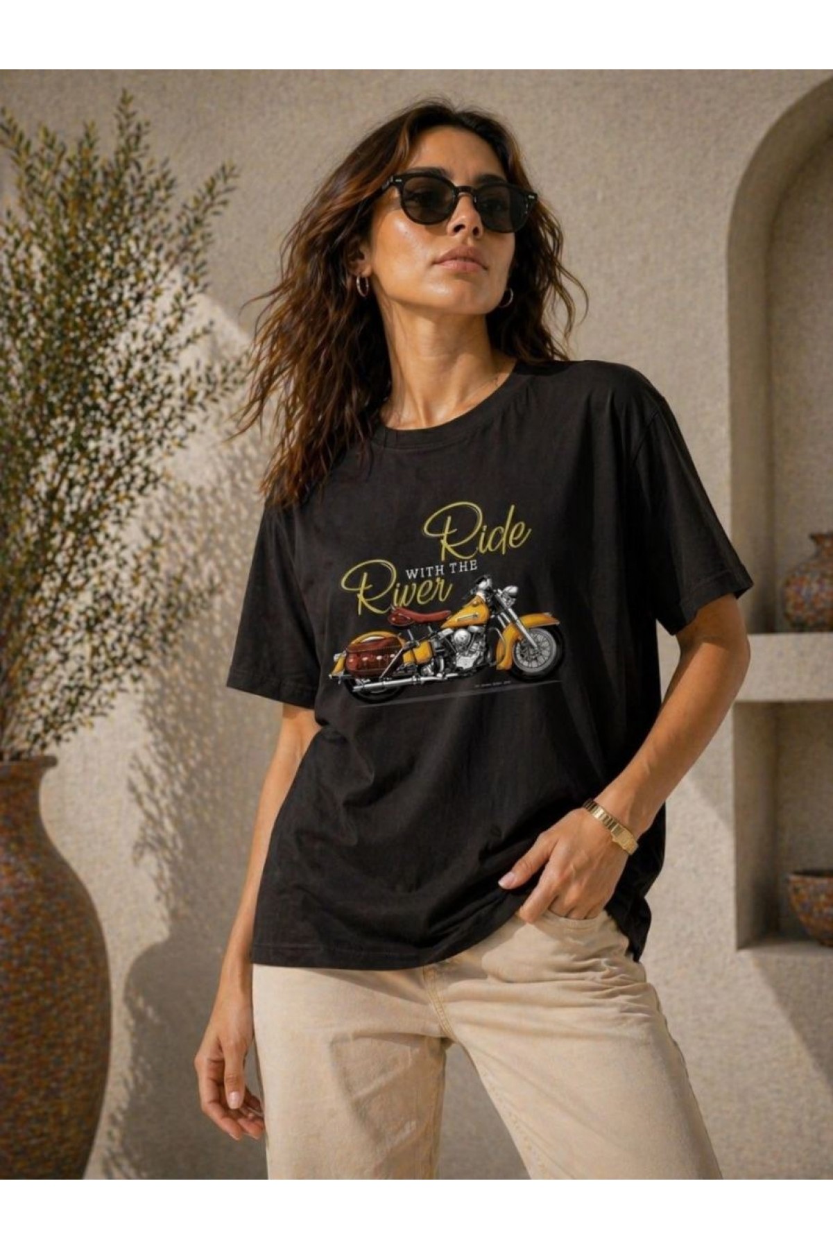 Kadın Motosiklet Baskılı Tişört Bisiklet Yaka Kısa Kol Yazlık T-Shirt - Siyah