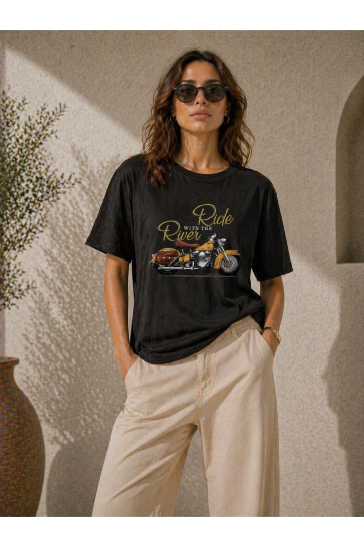 Kadın Motosiklet Baskılı Tişört Bisiklet Yaka Kısa Kol Yazlık T-Shirt - Siyah