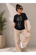 Kadın Kuğu Figürlü Soru İşareti Baskılı Tişört Kısa Kol T-Shirt - Siyah