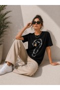 Kadın Kuğu Figürlü Soru İşareti Baskılı Tişört Kısa Kol T-Shirt - Siyah