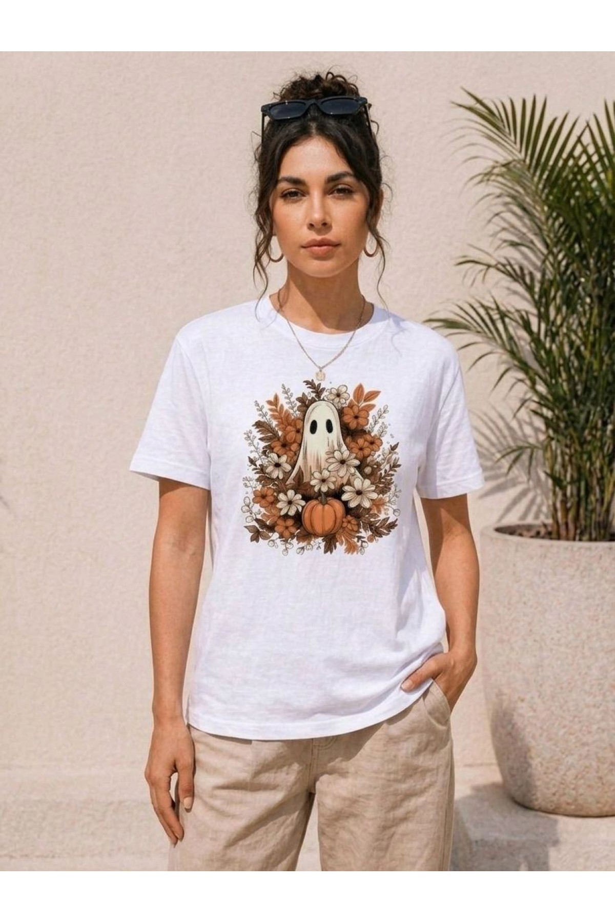 Kadın Balkabağı Hayalet Baskılı Tişört Kısa Kol Yazlık T-Shirt - Beyaz