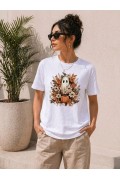 Kadın Balkabağı Hayalet Baskılı Tişört Kısa Kol Yazlık T-Shirt - Beyaz