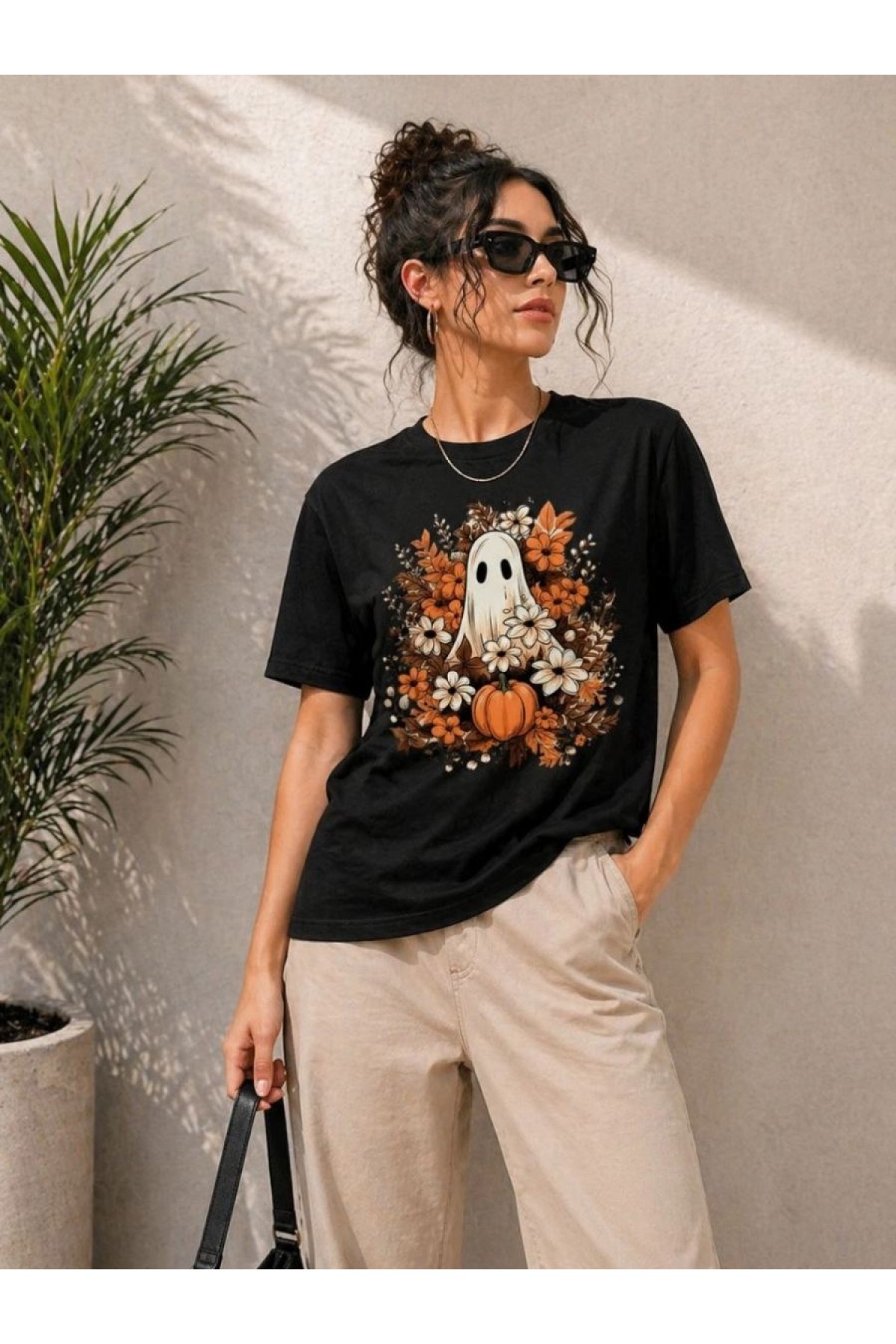 Kadın Balkabağı Hayalet Baskılı Tişört Kısa Kol Yazlık T-Shirt - Siyah