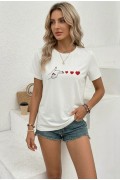 Kadın Minimal Kalp İşaret Baskılı Tişört Kısa Kol Yazlık T-Shirt - Beyaz