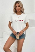 Kadın Minimal Kalp İşaret Baskılı Tişört Kısa Kol Yazlık T-Shirt - Beyaz