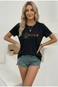 Kadın Minimal Kalp İşaret Baskılı Tişört Kısa Kol Yazlık T-Shirt - Siyah