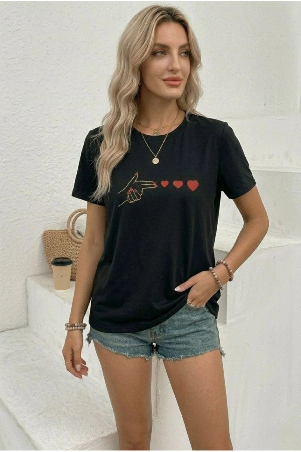 Kadın Minimal Kalp İşaret Baskılı Tişört Kısa Kol Yazlık T-Shirt - Siyah