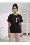 Kadın Sevimli Kedi Cep Baskılı Tişört Kısa Kol Yazlık T-Shirt - Siyah