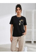 Kadın Sevimli Kedi Cep Baskılı Tişört Kısa Kol Yazlık T-Shirt - Siyah
