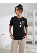 Kadın Sevimli Kedi Cep Baskılı Tişört Kısa Kol Yazlık T-Shirt - Siyah