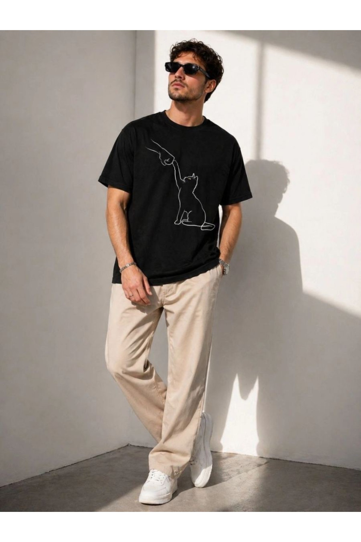 Erkek Minimal Kedi Çizim Baskılı Tişört Kısa Kol Yazlık T-Shirt - Siyah