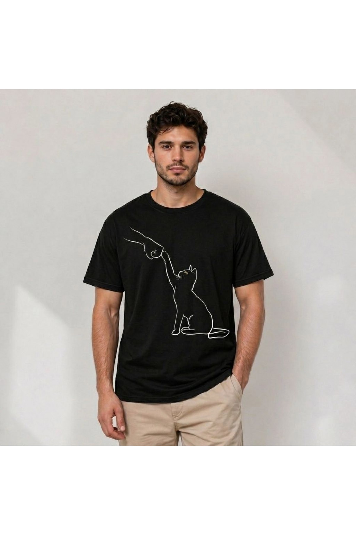 Erkek Minimal Kedi Çizim Baskılı Tişört Kısa Kol Yazlık T-Shirt - Siyah