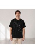 Erkek Minimal Kedi Çizim Baskılı Tişört Kısa Kol Yazlık T-Shirt - Siyah