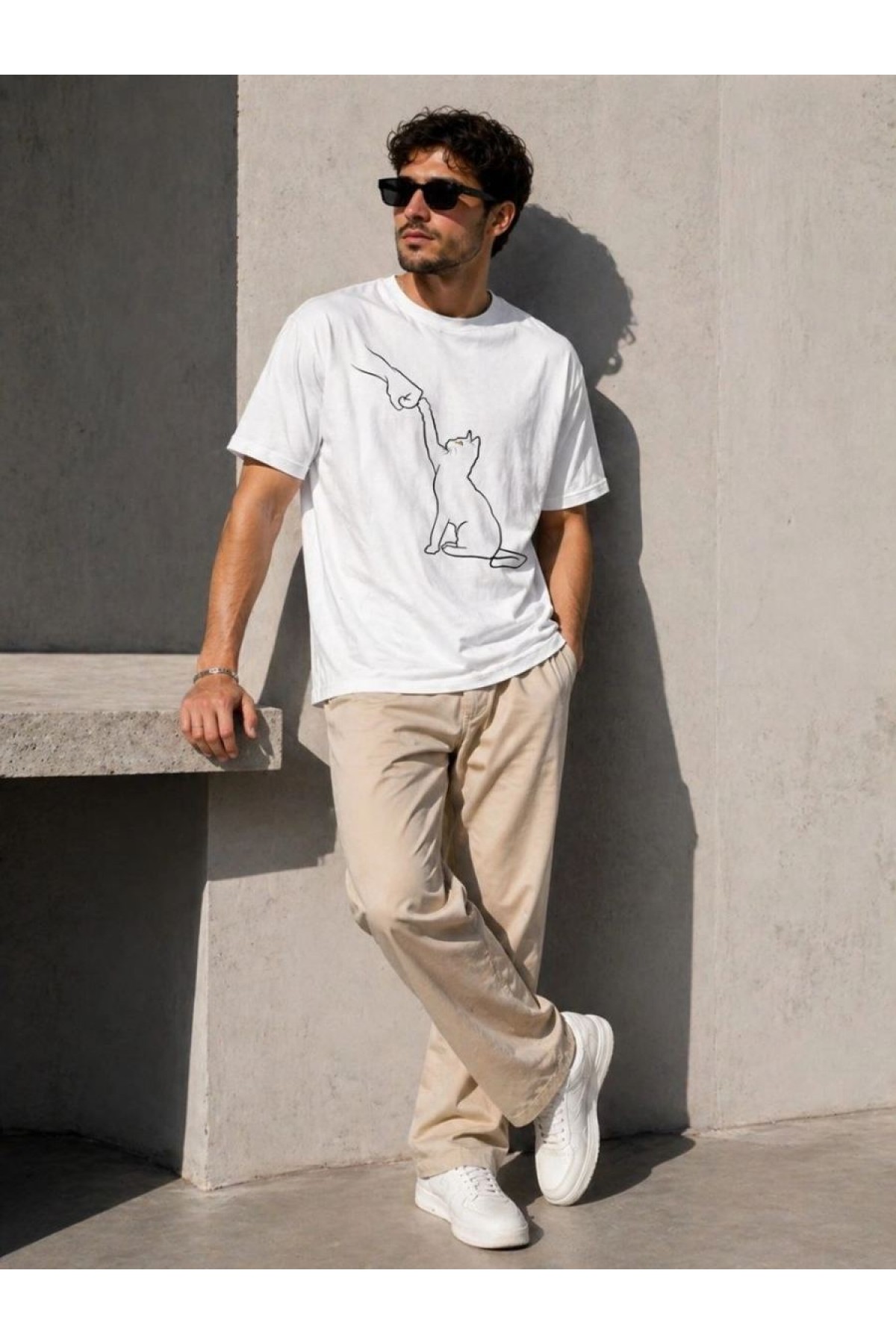 Erkek Minimal Kedi Çizim Baskılı Tişört Kısa Kol Yazlık T-Shirt - Beyaz