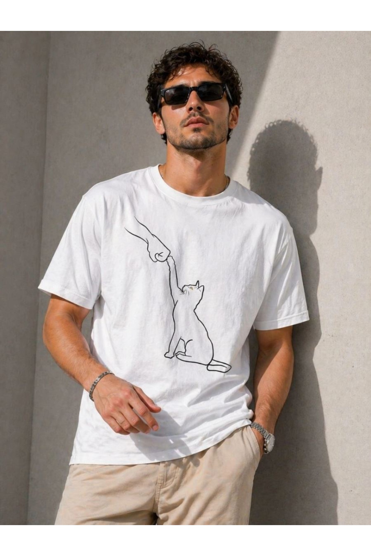 Erkek Minimal Kedi Çizim Baskılı Tişört Kısa Kol Yazlık T-Shirt - Beyaz