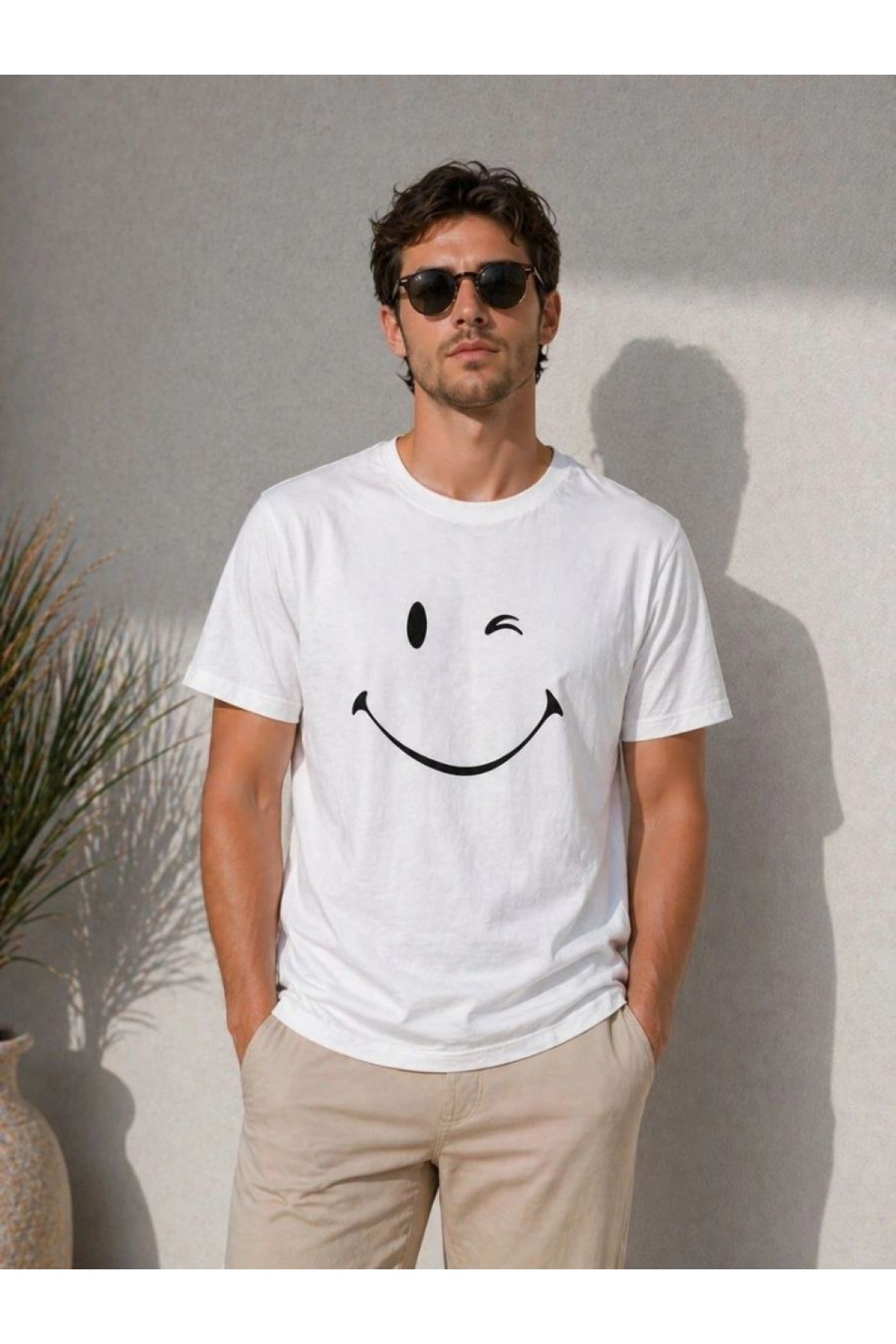 Erkek Minimal Gülümseyen Yüz Baskılı Tişört Kısa Kol Yazlık T-Shirt - Beyaz