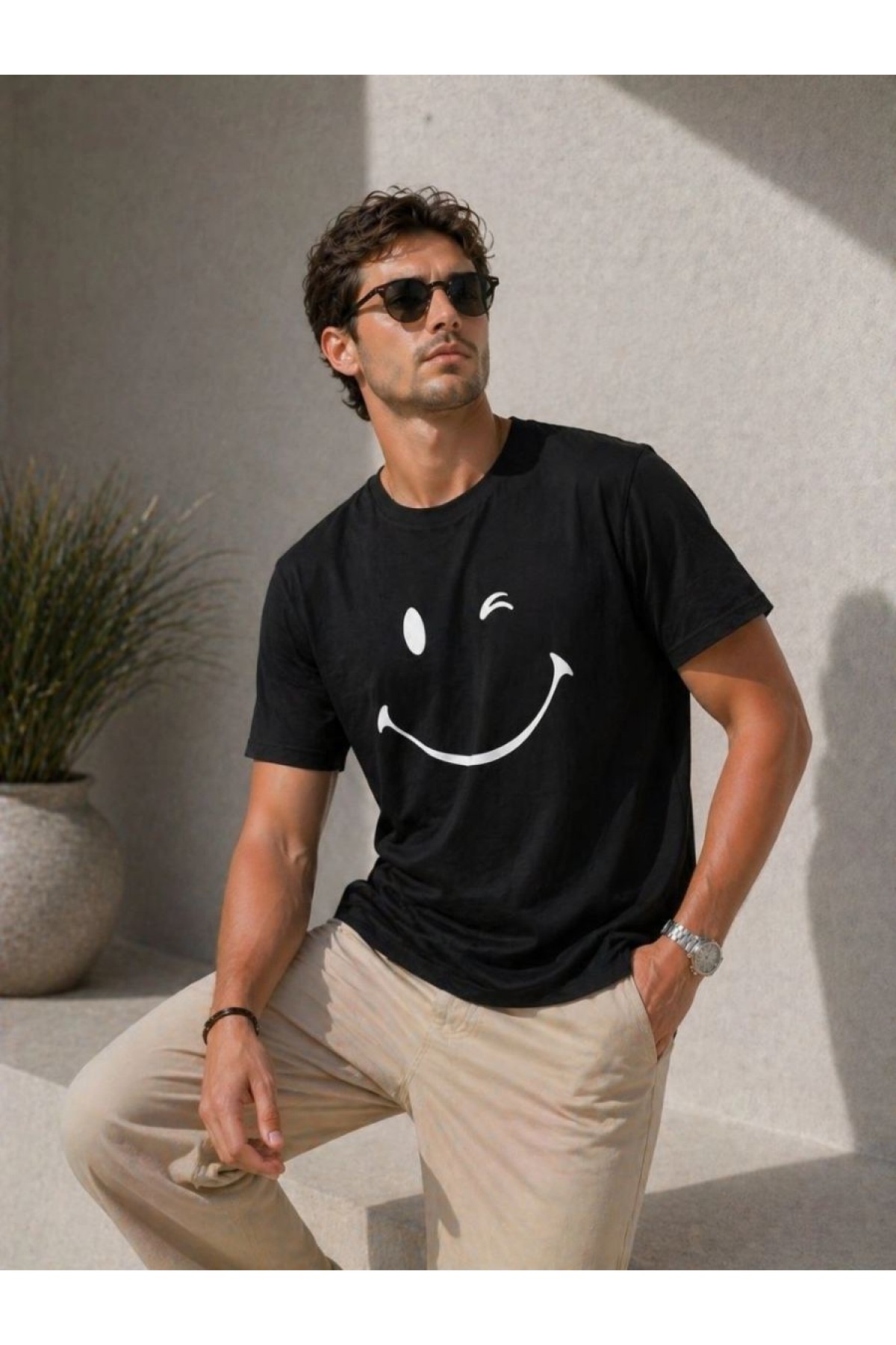 Erkek Minimal Gülümseyen Yüz Baskılı Tişört Kısa Kol Yazlık T-Shirt - Siyah
