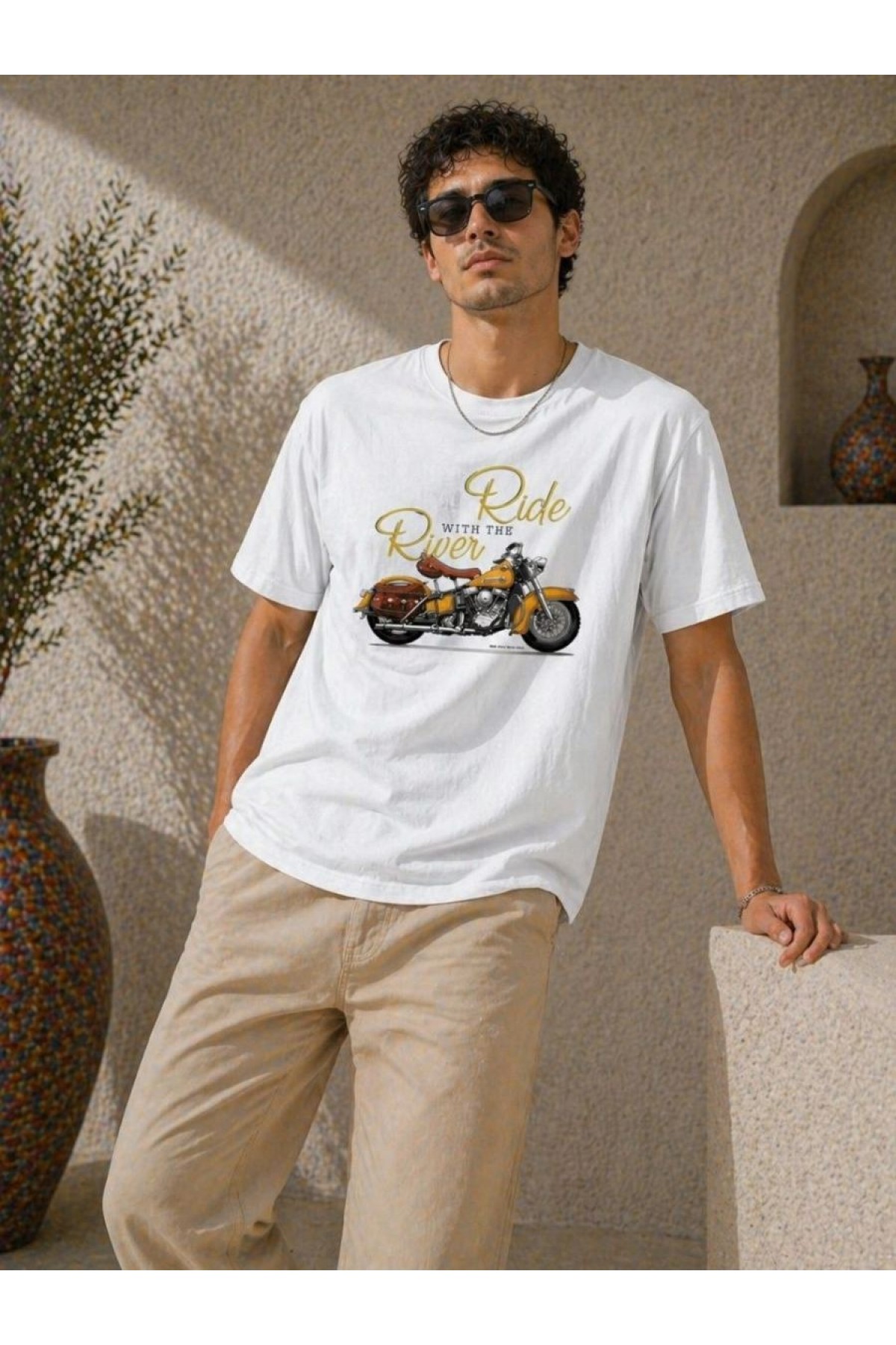 Erkek Motosiklet Baskılı Tişört Bisiklet Yaka Kısa Kol Yazlık T-Shirt - Beyaz