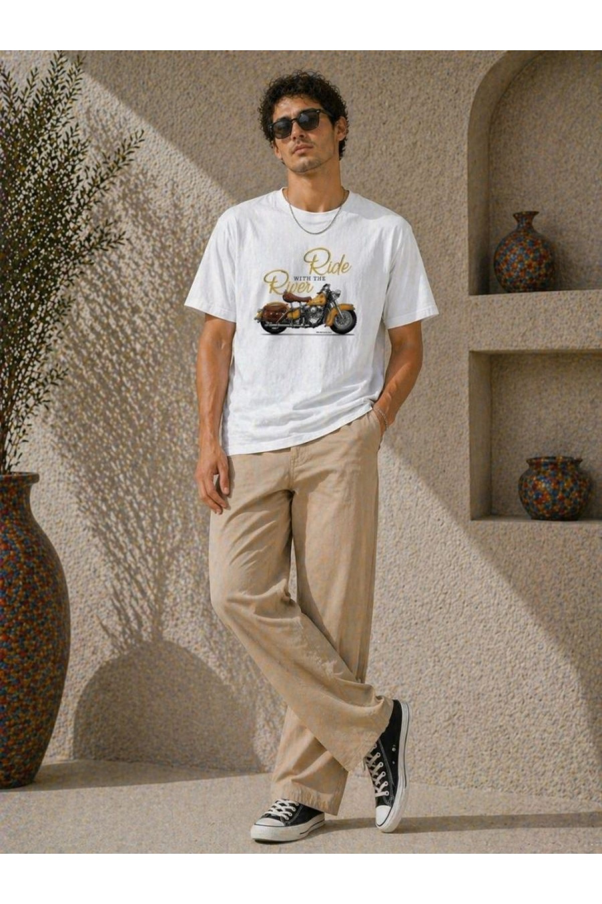 Erkek Motosiklet Baskılı Tişört Bisiklet Yaka Kısa Kol Yazlık T-Shirt - Beyaz