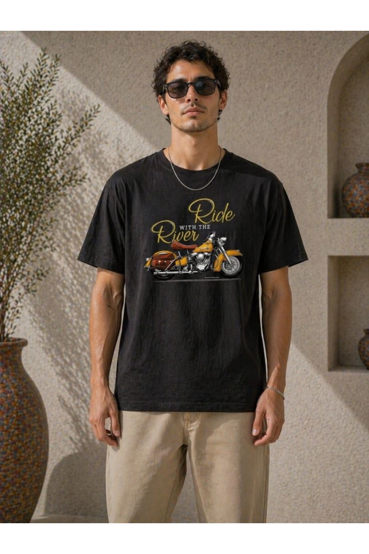 Erkek Motosiklet Baskılı Tişört Bisiklet Yaka Kısa Kol Yazlık T-Shirt - Siyah