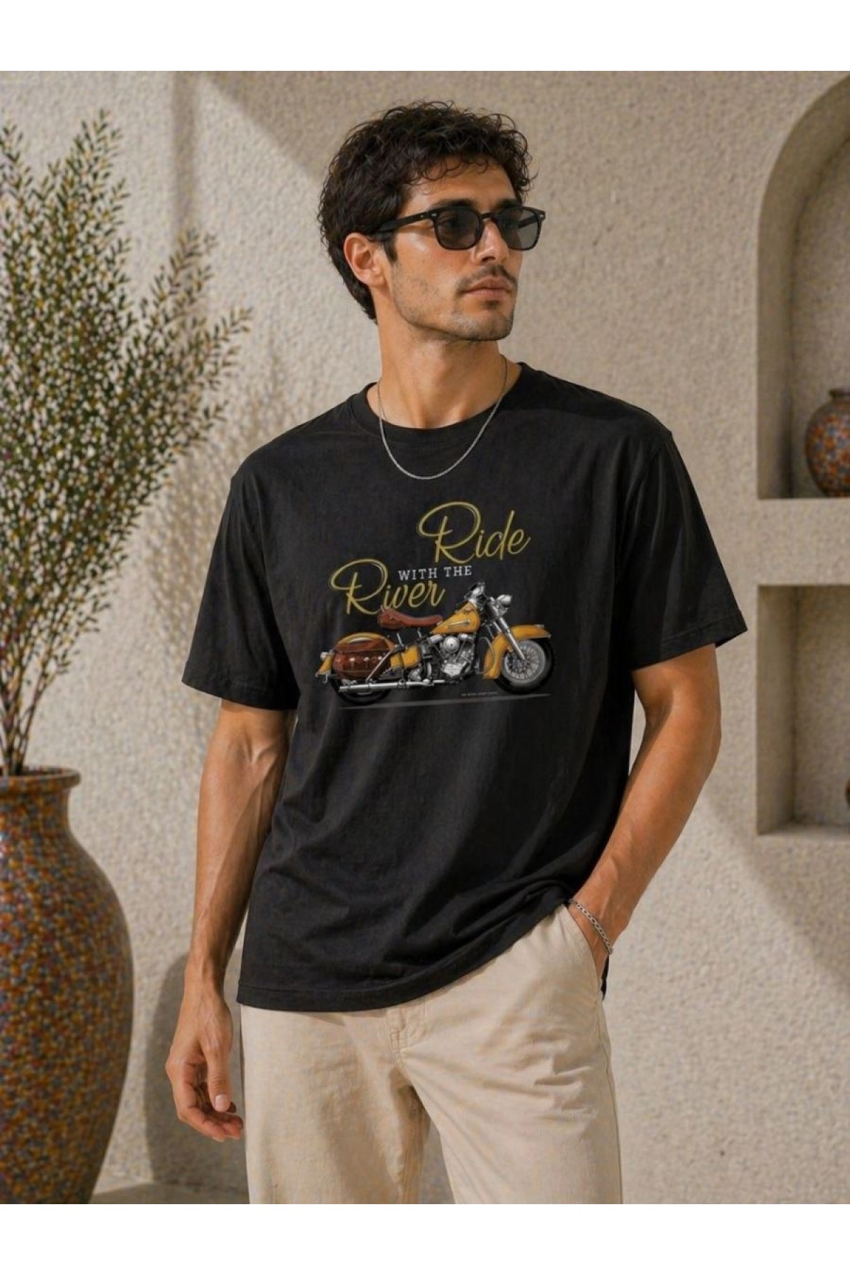 Erkek Motosiklet Baskılı Tişört Bisiklet Yaka Kısa Kol Yazlık T-Shirt - Siyah