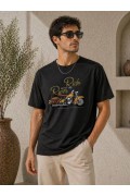 Erkek Motosiklet Baskılı Tişört Bisiklet Yaka Kısa Kol Yazlık T-Shirt - Siyah