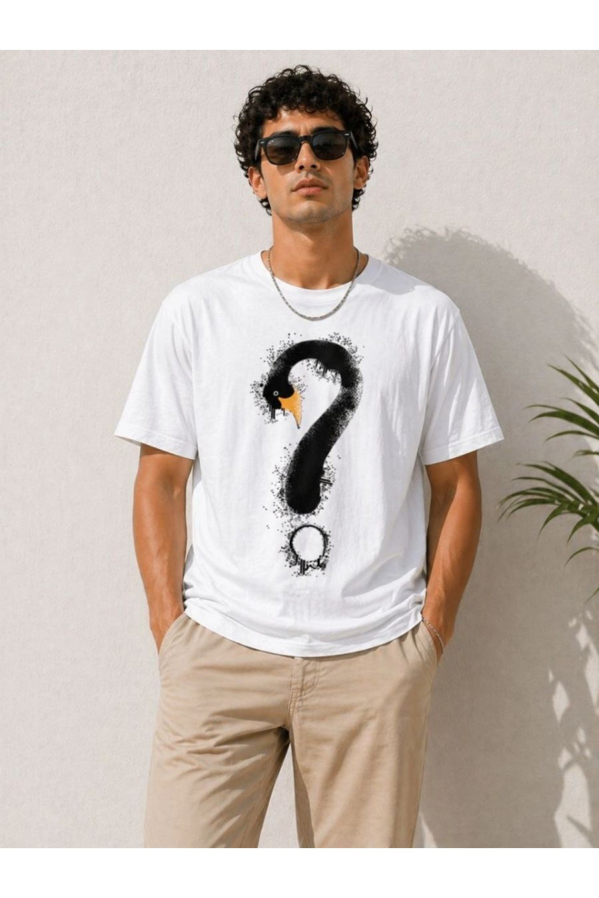 Erkek Kuğu Figürlü Soru İşareti Baskılı Tişört Kısa Kol T-Shirt - Beyaz