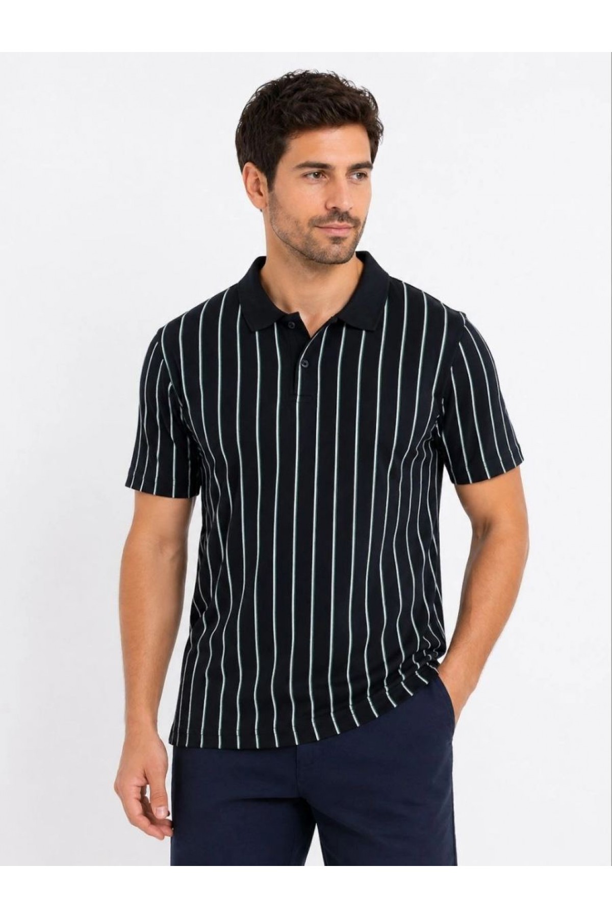 Erkek Pike Kumaş Çizgili Polo Yaka Tişört Kısa Kol Yazlık T-Shirt - Siyah
