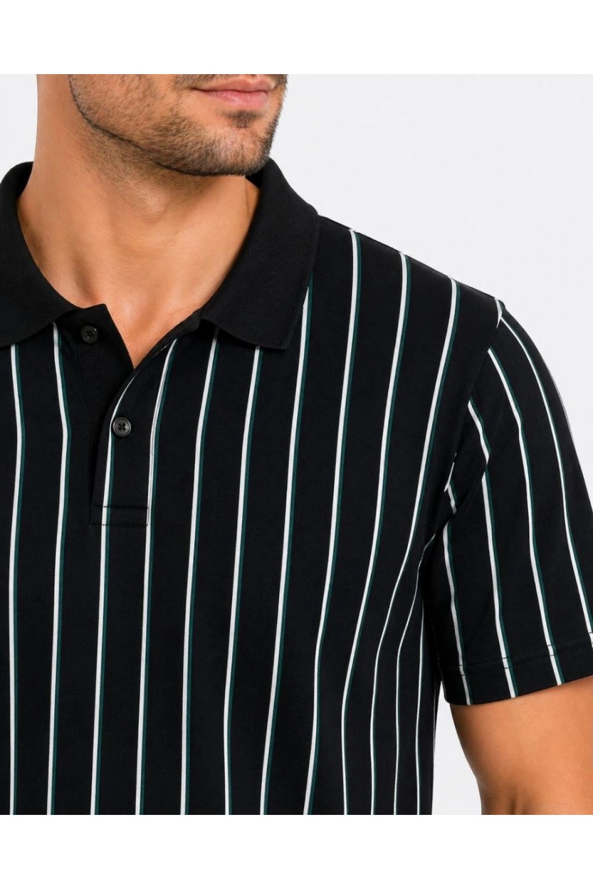Erkek Pike Kumaş Çizgili Polo Yaka Tişört Kısa Kol Yazlık T-Shirt - Siyah