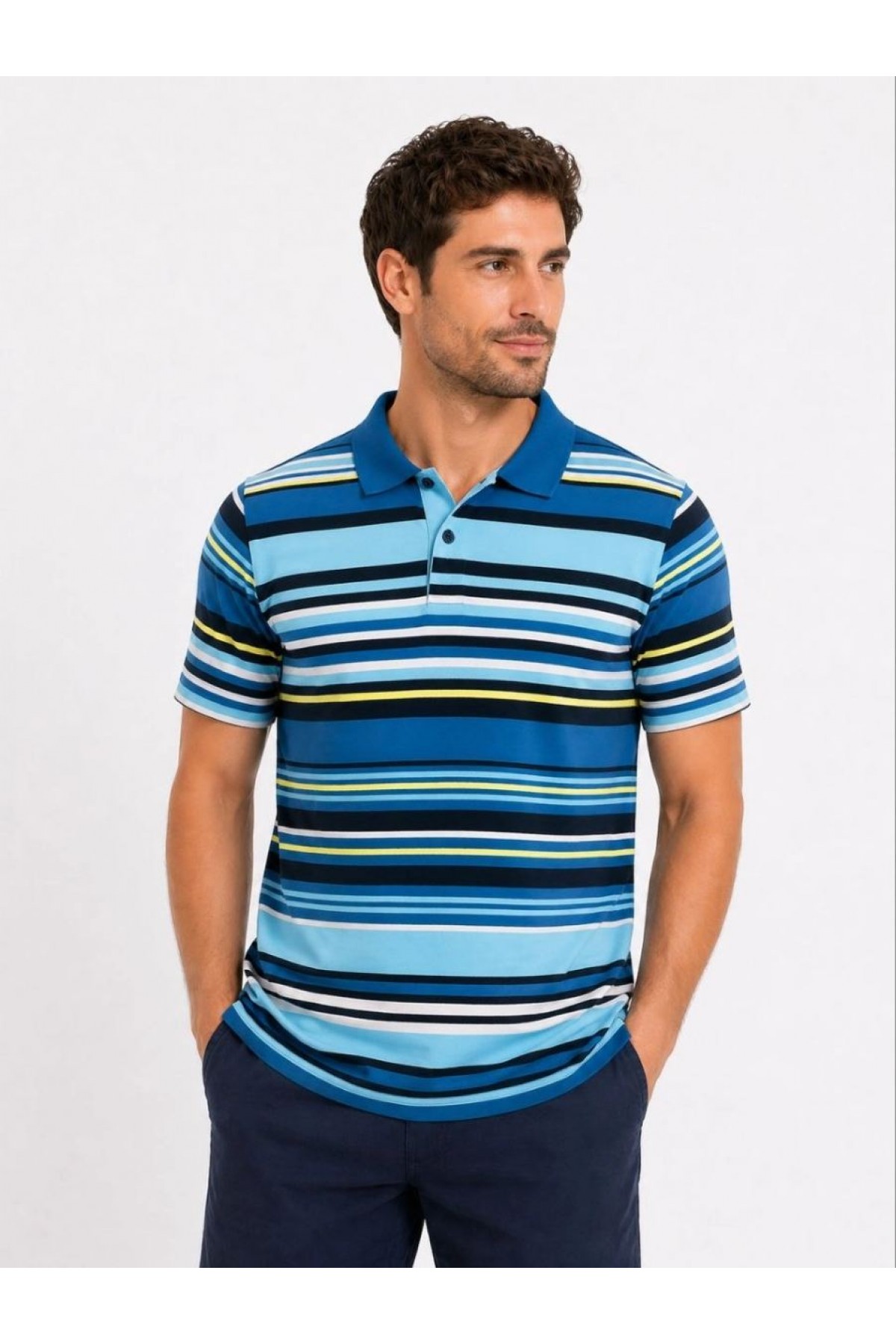 Erkek Çizgili Polo Yaka Tişört Kısa Kol Yazlık T-Shirt Regular Fit - Mavi