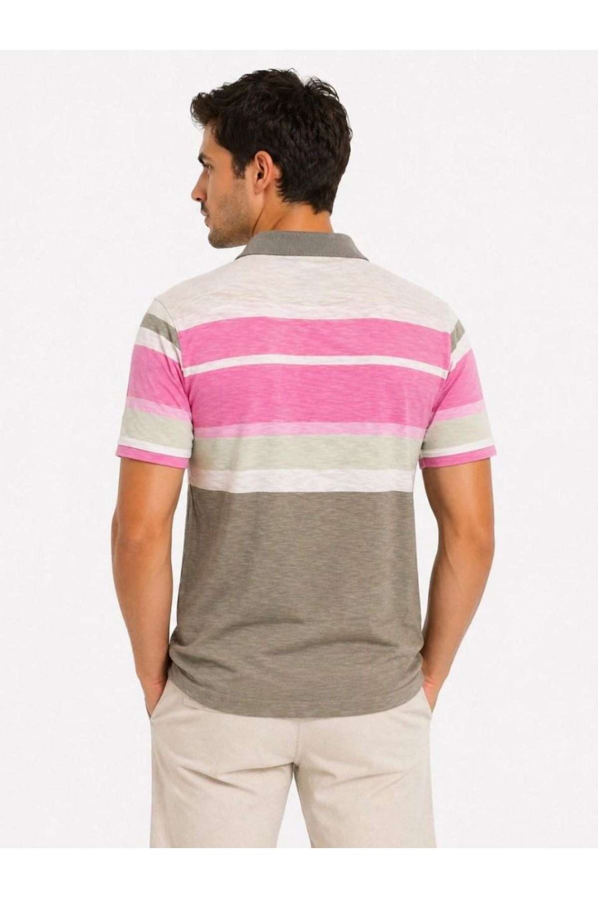 Erkek Flamlı Penye Çizgili Polo Yaka Tişört Kısa Kol Yazlık T-Shirt - Gri