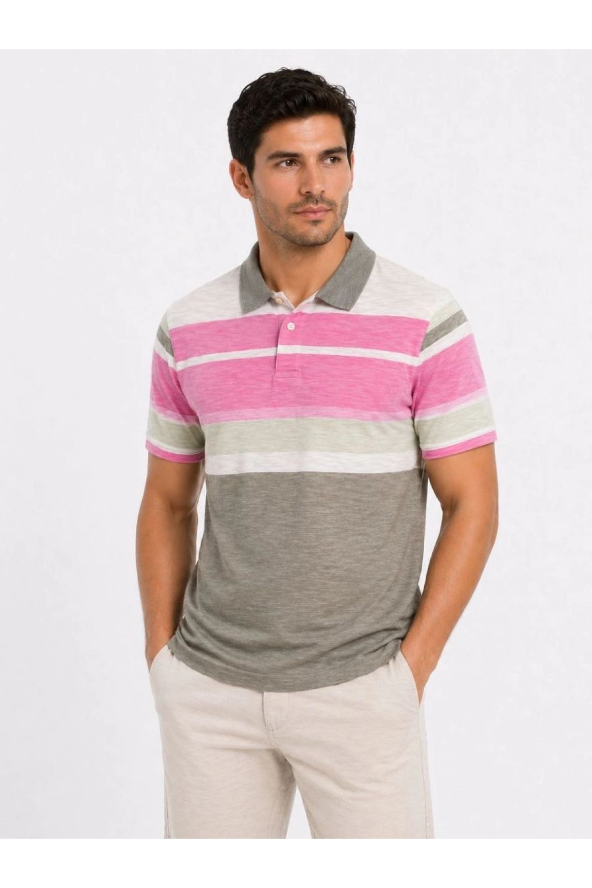 Erkek Flamlı Penye Çizgili Polo Yaka Tişört Kısa Kol Yazlık T-Shirt - Gri