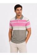Erkek Flamlı Penye Çizgili Polo Yaka Tişört Kısa Kol Yazlık T-Shirt - Gri