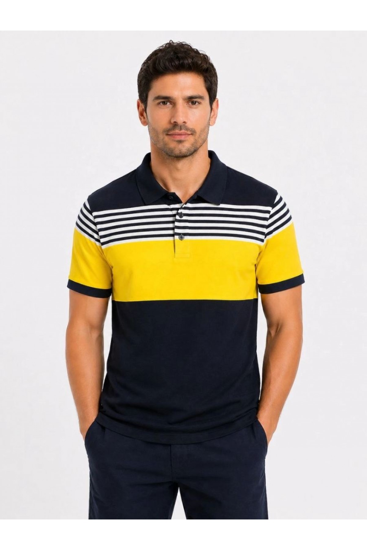 Erkek Pike Kumaş Çizgili Polo Yaka Tişört Kısa Kol Yazlık T-Shirt - Lacivert