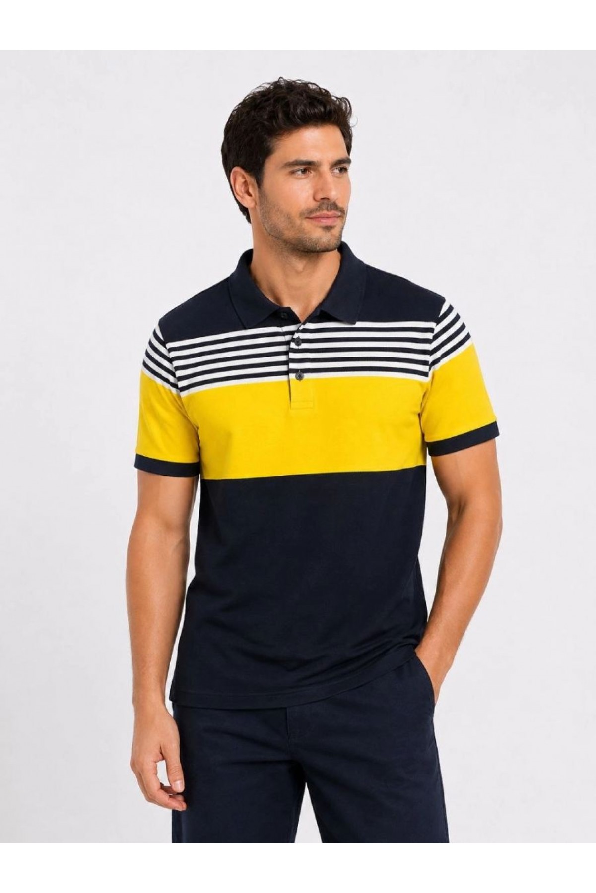 Erkek Pike Kumaş Çizgili Polo Yaka Tişört Kısa Kol Yazlık T-Shirt - Lacivert