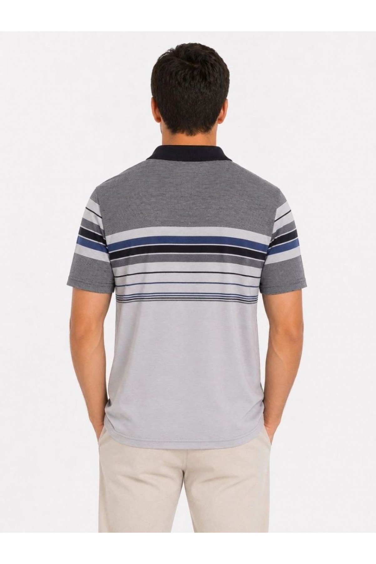 Erkek Flamlı Penye Çizgili Polo Yaka Tişört Kısa Kol Yazlık T-Shirt - Gri
