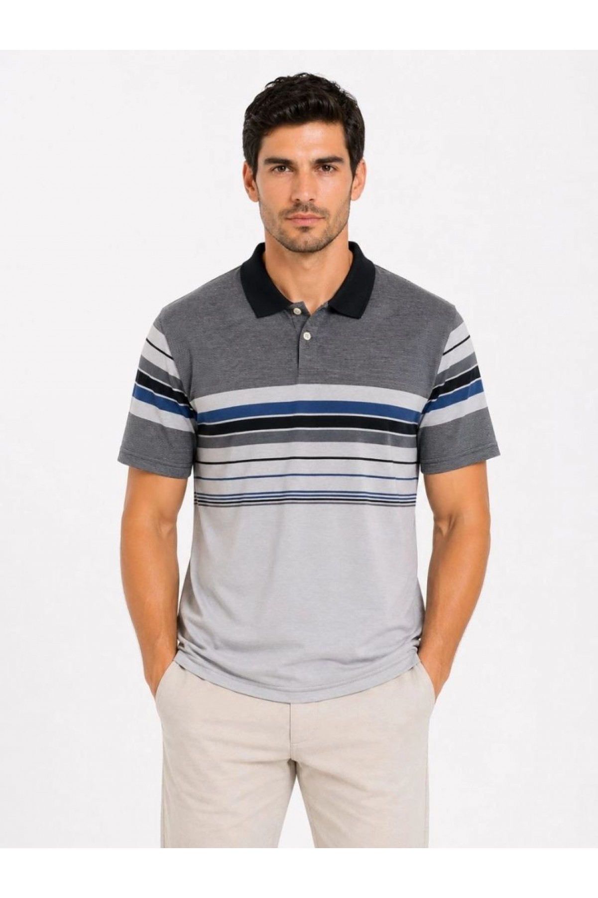 Erkek Flamlı Penye Çizgili Polo Yaka Tişört Kısa Kol Yazlık T-Shirt - Gri