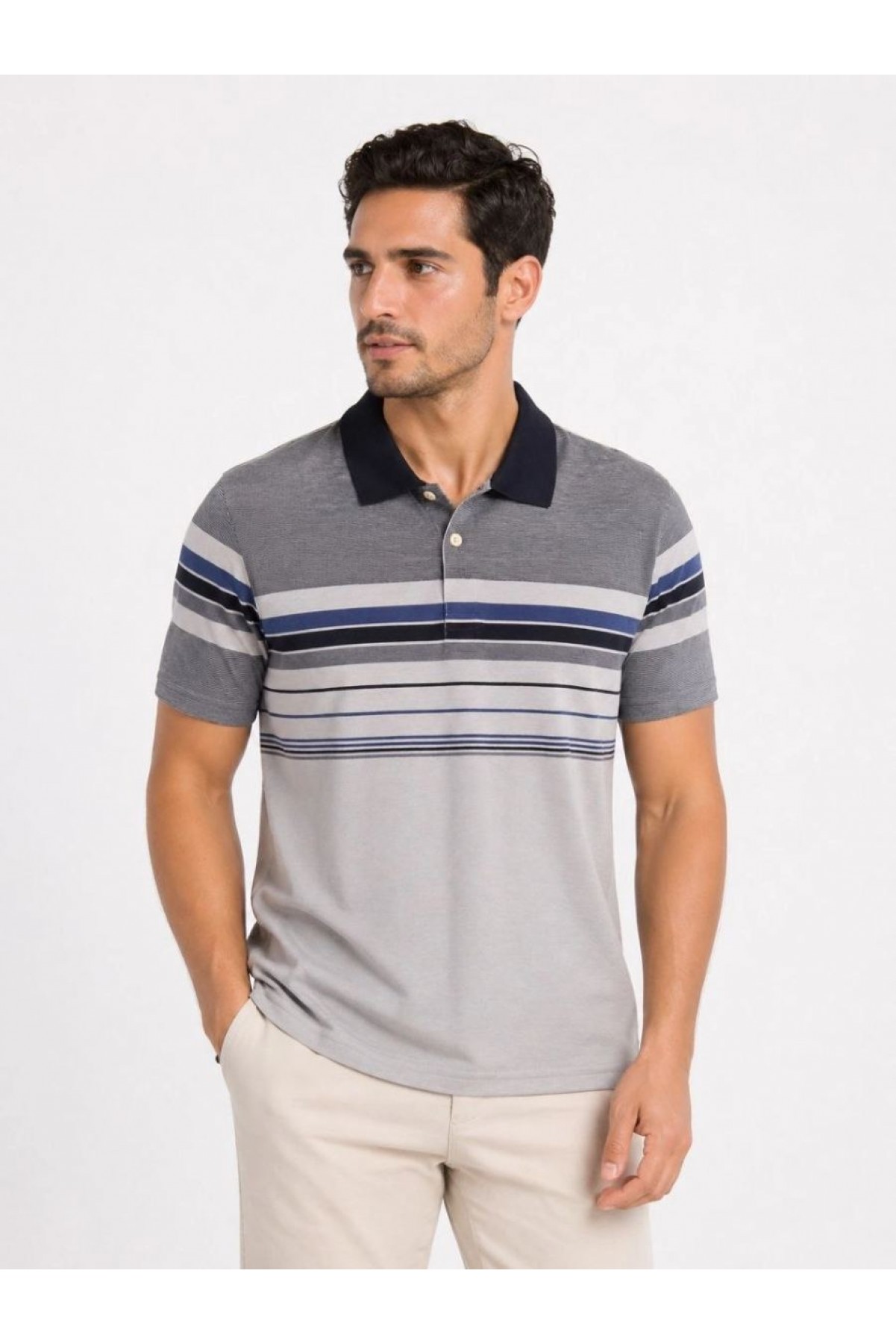 Erkek Flamlı Penye Çizgili Polo Yaka Tişört Kısa Kol Yazlık T-Shirt - Gri