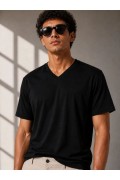 Erkek V Yaka Basic Tişört Kısa Kol Yazlık Regular Fit T-Shirt - Siyah