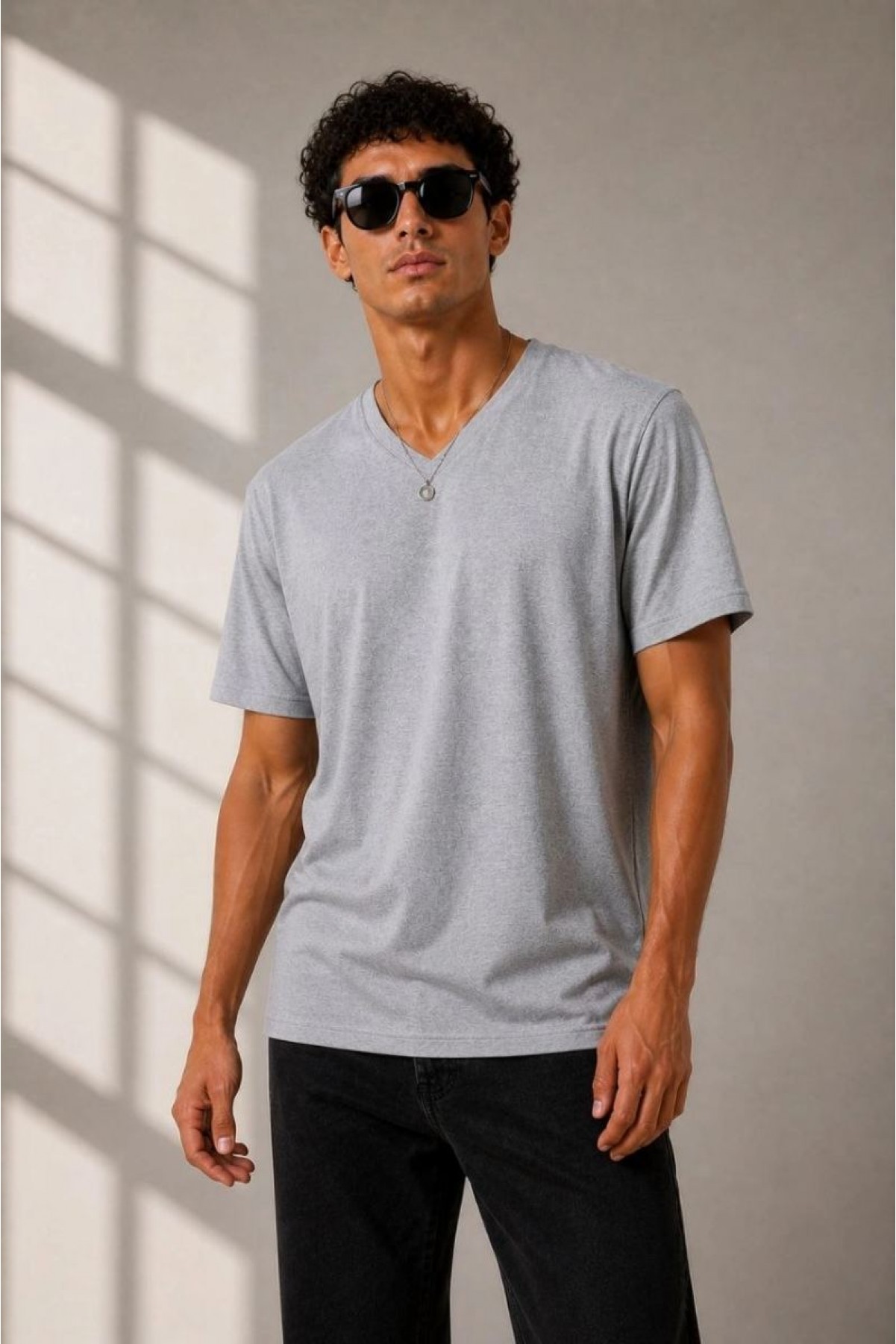Erkek V Yaka Basic Tişört Kısa Kol Yazlık Regular Fit T-Shirt - Gri