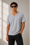 Erkek V Yaka Basic Tişört Kısa Kol Yazlık Regular Fit T-Shirt - Gri