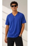 Erkek V Yaka Basic Tişört Kısa Kol Yazlık Regular Fit T-Shirt - Saks Mavisi