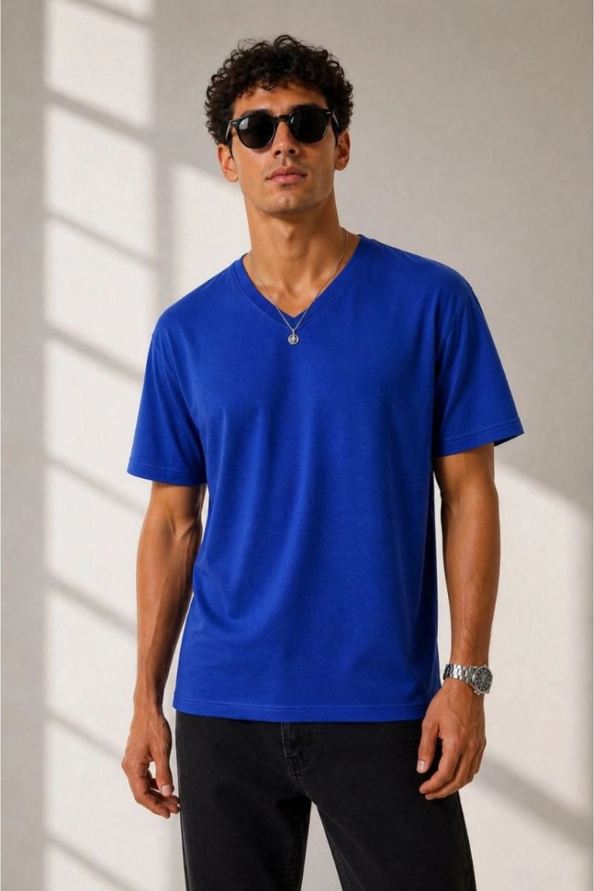 Erkek V Yaka Basic Tişört Kısa Kol Yazlık Regular Fit T-Shirt - Saks Mavisi